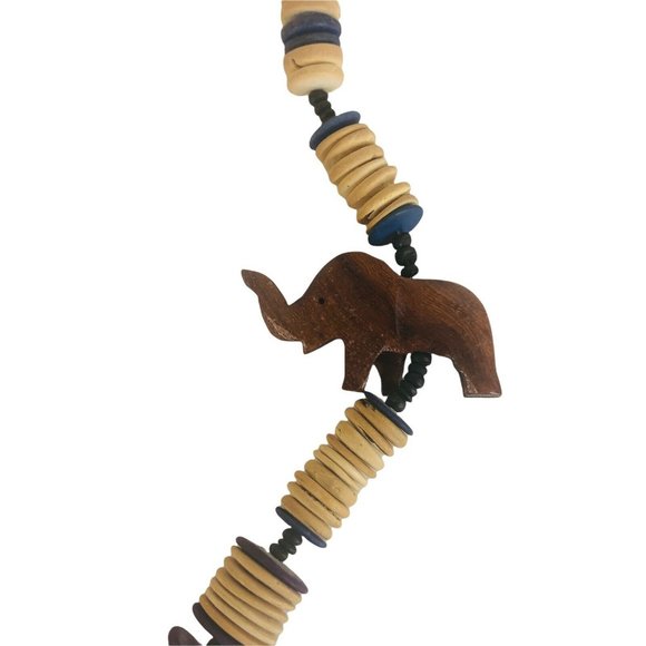 Wood Carved Animal Necklace Giraffe Elephant Brown Blue Purple Barrel Clasp 27” - Picture 3 of 7